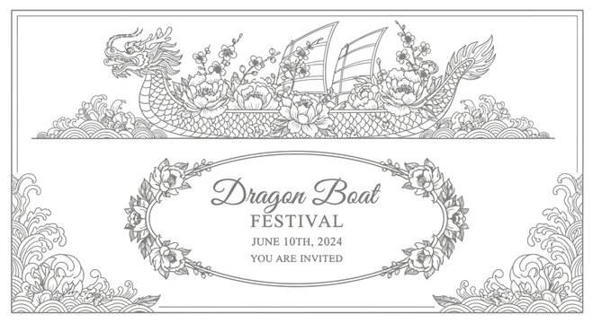 Dragon Boat Festival Invitation Line Art Illustration
