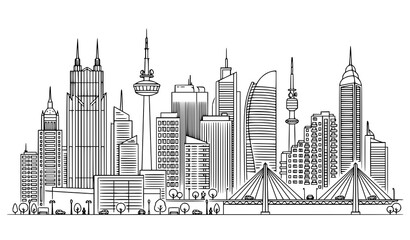 Naklejka premium Minimal Urban City Landscape Panorama Vector with Thin Line Skyscraper Architecture