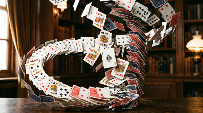 playing cards swirling in a library setting
