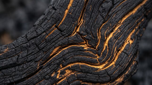 Close-up Texture of Charred Burnt Wood with Glowing Orange Embers in Cracks
