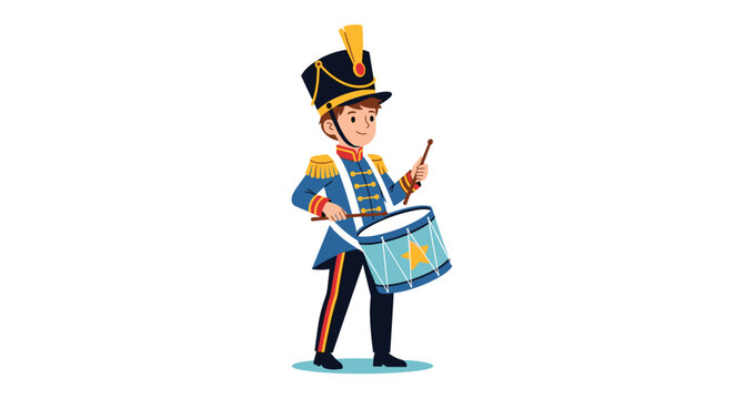Cute little boy playing a parade drum wearing a blue marching band uniform with a high hat vector character.