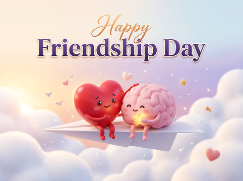 Celebratory cartoon characters floating on clouds with happy friendship day greeting with smiling heart brain characters joyfully floating cloud against dreamy sky backdrop