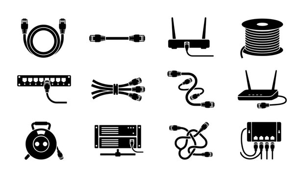 Set of 12 Vector Icons: Network Cables, Routers, and Power Strips, Technology and Connectivity Graphics