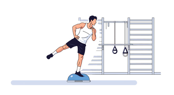 Young athletic man practicing balance exercise on a half blue bosu ball in a modern fitness gym interior.