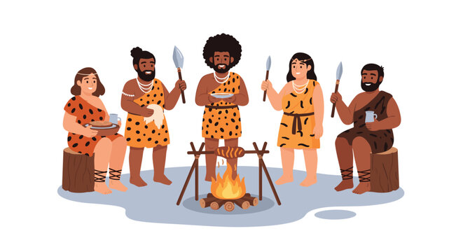 Ancient stone age cavemen family cooking meat on campfire and holding stone spears while gathering together.