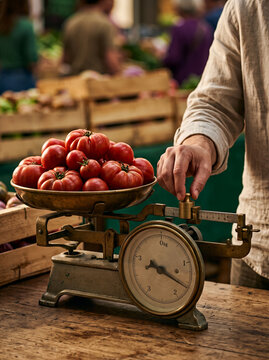 Vintage scales weighing fresh tomatoes in a local market.