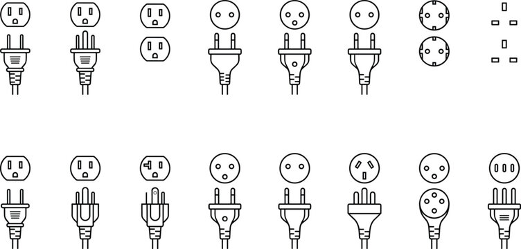 International power plug and socket outlet types icon set collection line art vector illustration isolated