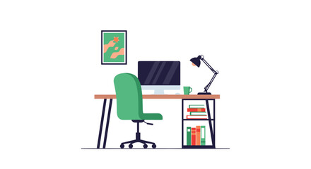 Fototapeta premium Modern stylish home office workspace desk with green chair, computer, book shelf and lamp on white background.