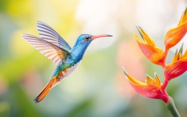 Fototapeta premium Colorful small bird with blue green feathers hovering near bright tropical flower