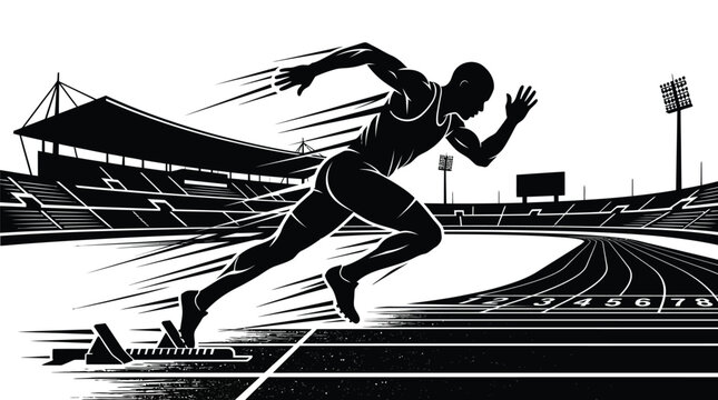 A muscular male sprinter exploding from starting blocks in a high speed black white illustration