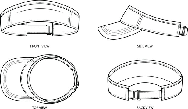 Technical line drawings of visor hat design with multiple views