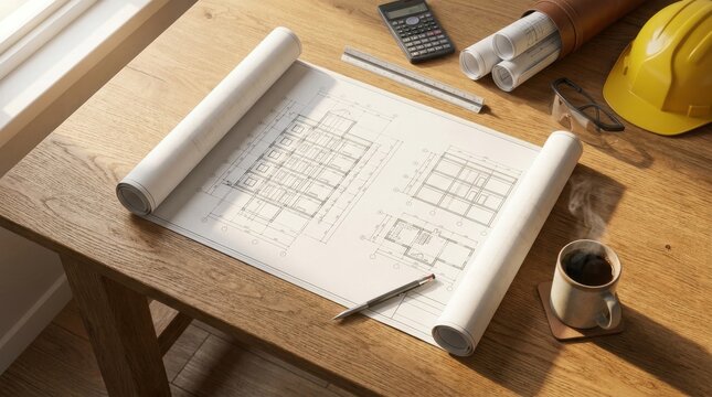 Architectural blueprint on wooden desk with hard hat and coffee cup