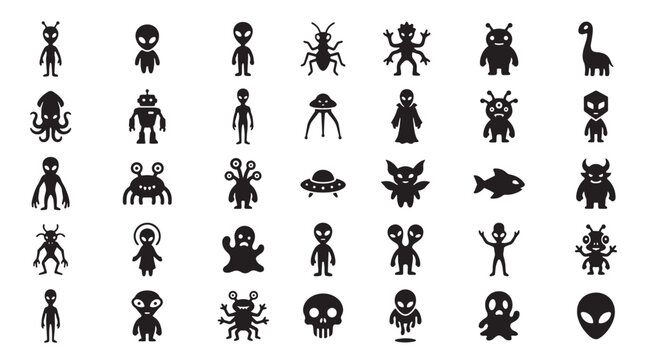 Alien and extraterrestrial monster icons set, 35 black silhouette creature symbols, sci-fi ufo and space invader character vectors for gaming