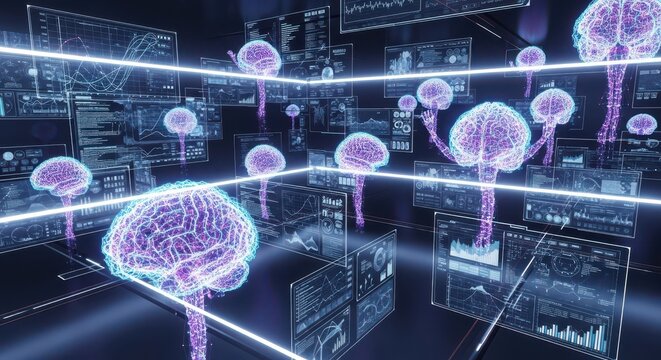 Futuristic artificial intelligence brain network, digital neural interface with data analytics, cybernetic mind concept Premium Background