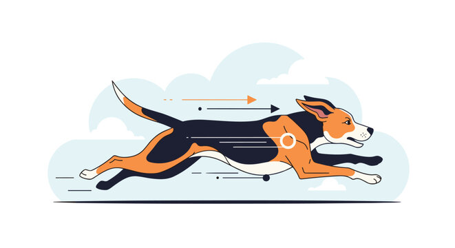 Fast running beagle hound dog sprinting ahead with speed graphic motion lines and arrows flat vector illustration.
