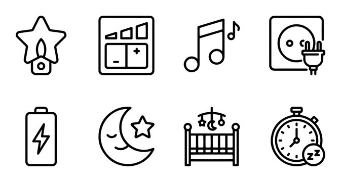 Simple Line Icons: Baby Care, Sleep, Power, Music, and More. Vector Set.