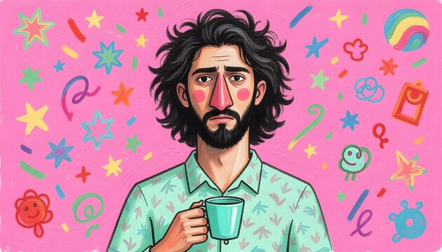 Stylized portrait of a bearded man holding a mug against a bright pink background with colorful doodles