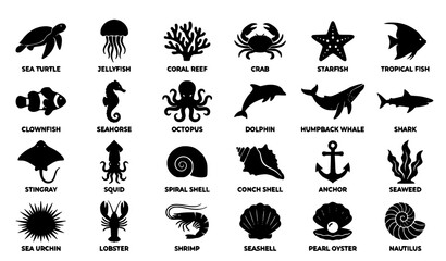 Marine Life Black Silhouette Icon Collection with Turtle Jellyfish Coral Crab Starfish and Fish Vector Set © MDJiaur