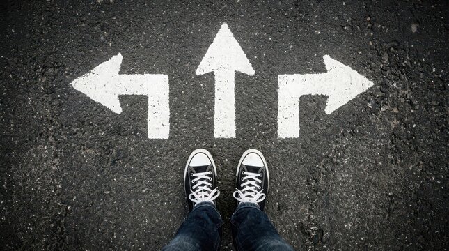 Person standing at a threeway crossroads with arrows on the asphalt