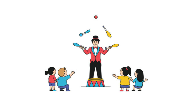 Circus juggler performing a colorful show with juggling clubs in front of an audience of excited young kids.