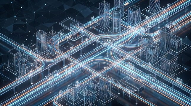 Futuristic blue glowing city grid with light trails.