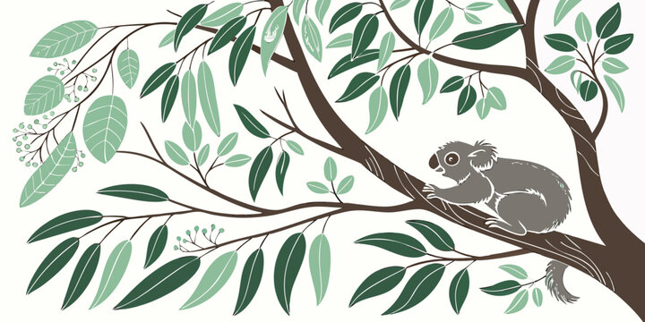 Cute possum sitting on eucalyptus tree branch illustration with eucalyptus