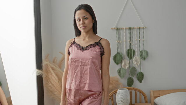 Woman standing by full length mirror in studio wearing pink silk camisole and shorts, hands relaxed at sides, decorative wall hanging and pampas grass visible; calm confidence.
