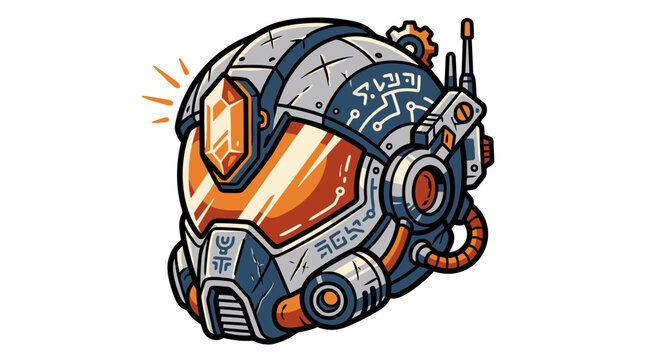Futuristic Sci-Fi Space Helmet with Orange Visor and Tech Details.