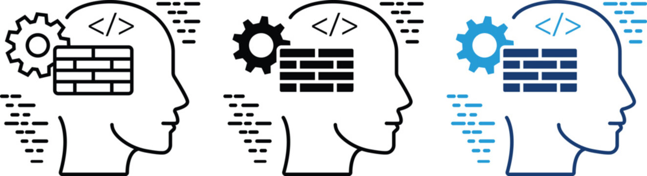 Artificial Intelligence Developer Icon with Human Head, Programming Code, Gear and Brick Wall. AI Software Engineering, Machine Learning, Neural Network, Coding, Automation, Developer Technology Vecto