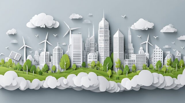 Futuristic city with green buildings and flying vehicles in a clean urban environment
