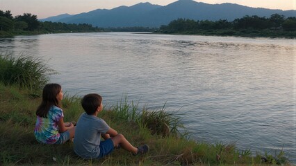 Fototapeta premium Two children sit by a river, gazing at distant mountains under soft sunset light.