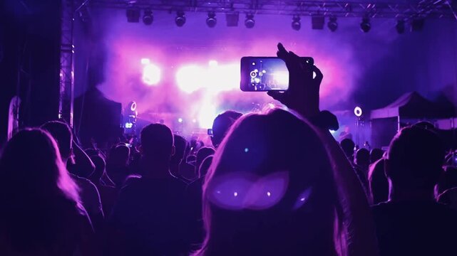 Crowd Recording Live Music Concert with Smartphone &ndash; Festival Audience, Entertainment and Nightlife Concept, 4K Video