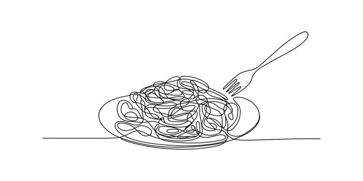 A black and white line drawing of spaghetti on a plate with a fork