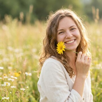 Smiling woman holding yellow flower in field outdoor