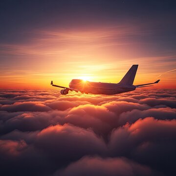 Commercial airplane flying above orange clouds at sunset.