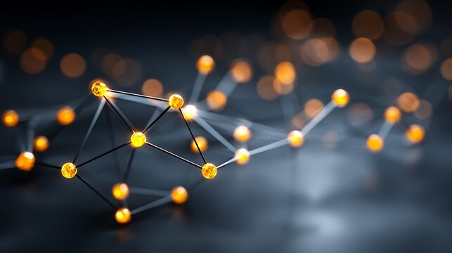 Glowing golden geometric wireframe structure with yellow spheres on dark background