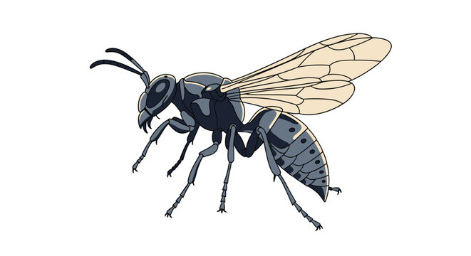 Realistic scientific vector illustration of a dangerous black and yellow wasp isolated on a pure white background.
