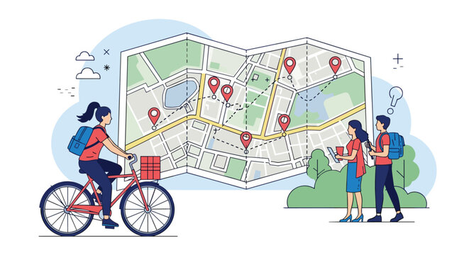 Group of tourists planning travel routes with map navigation pins representing city exploration and adventure tourism.