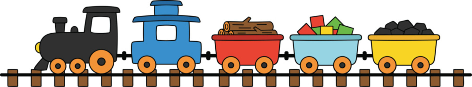 Colorful toy steam train carrying cargo logs blocks and coal on railway tracks vector illustration