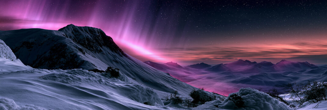 vast snow landscape with neon aurora, snowy mountains under pink and purple aurora, panoramic winter landscape with glowing northern lights