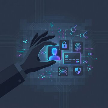 Hand selecting user icon with digital security and identity icons