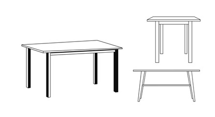 Fototapeta premium Black and white simple outline diagrams of different wooden tables representing furniture design and product catalog.