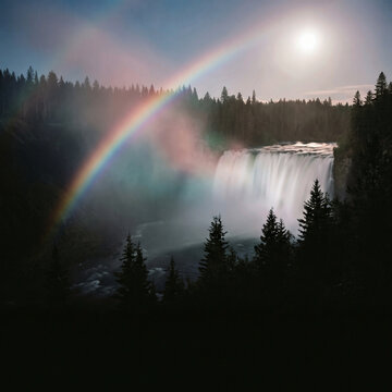 Magical rare night moonbow rainbow formed over a waterfall under full moon