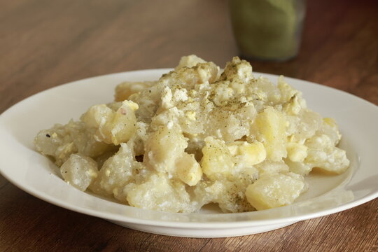 Traditional Andean freeze-dried potato (chu&ntilde;o) served with cheese and boiled egg