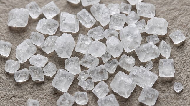 Coarse sea salt crystals with natural cubic structure on stone surface