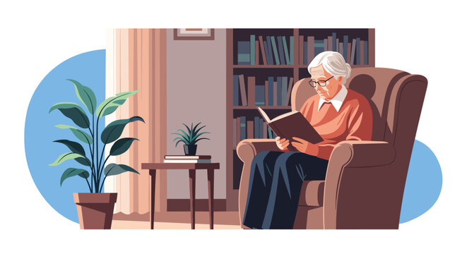 Elderly senior woman with glasses reads book in comfortable armchair inside cozy home library with bookshelf.