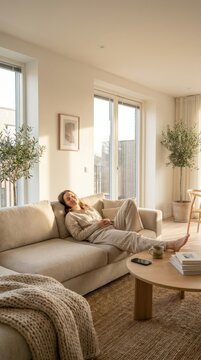 Woman sleeping on sofa in living room with her smartphone away on the table.