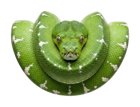 Vibrant green tree python png Coiled green tree python cutout Tropical python png Arboreal snake isolated transparent background image