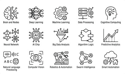 Fototapeta premium Abstract technology icons representing AI machine learning and data analysis in a clean vector illustration style