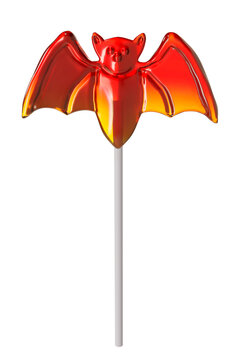 Red bat shaped halloween hard candy lollipop isolated on transparent background spooky confectionery sweet treat for seasonal candy collections. 